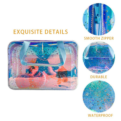 TPU Holographic Blue Clear Star Large Cosmetic Bag and Travel Pouch with Handle,Durable TPU Material,Zipper Design-Ideal for Makeup,Travel Essentials (Holographic Blue) - color: Holographic blue