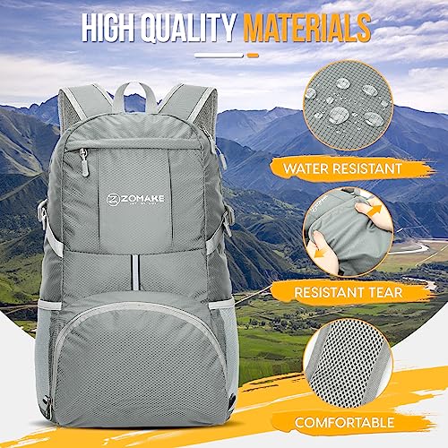 ZOMAKE Lightweight Packable Backpack 35L, Light Foldable Backpacks Water Resistant Collapsible Hiking Bag, Compact Folding Day Pack for Travel Camping(Sliver Grey) - color: Sliver Grey