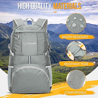 ZOMAKE Lightweight Packable Backpack 35L, Light Foldable Backpacks Water Resistant Collapsible Hiking Bag, Compact Folding Day Pack for Travel Camping(Sliver Grey) - color: Sliver Grey