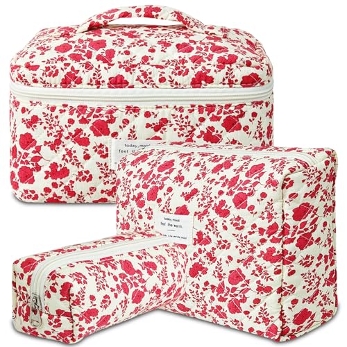 GISMTR 3Pcs Makeup Bag Cotton Quilted Travel Cosmetic Bag Cute Floral Makeup Pouch Large Toiletry Bag for Women Girls - color: Red flowers