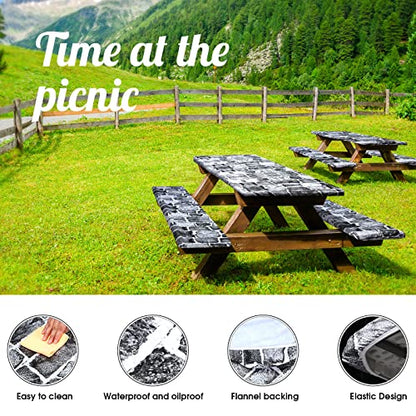 Boao 3 Pcs Vinyl Picnic Table Cover with Bench Cover 6 ft 30 x 72 Inch Waterproof Fitted Tablecloth Flannel Backing Rectangular Elastic Edged for Camping Outdoor Patio Travel(Brick) - color: Brick