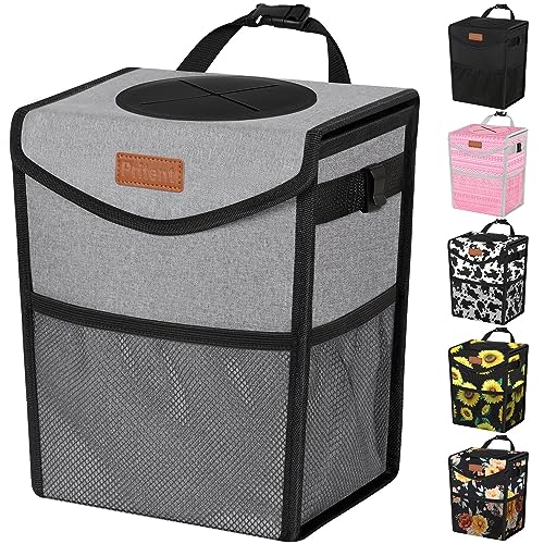 Pritent Car Trash Can with Lid, Cute Leakproof Car Trash Garbage Bag Hanging Vehicle Trash Bin Small Portable Automotive Garbage Cans Organizer for Back/Front Seat/Console(Trapezoid,Grey) - color: Grey, size: 2 Gallons