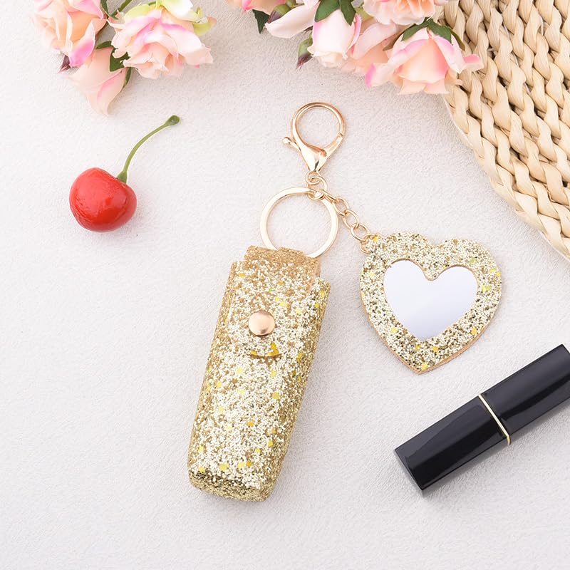 Sisadodo Glitter Lip Oil Holder Key Chains for Woman Lipstick Case with Mirror Lip Balm Keychain for Lipstick Case Keychain - color: Gold-heart