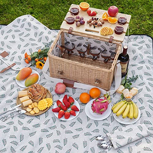 WILLOW WEAVE Picnic Basket with Table, Wine Picnic Basket Set 4, Wicker Picnic Basket for 4, Willow Hamper Service Gift Set with Blanket & Portable Wine Snack Table for Camping and Outdoor Party - size: L for 4P-Leaf