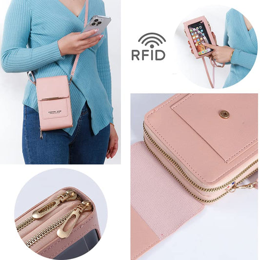 Anti-Theft Leather Bag,Small Crossbody Cell Phone Purse Wallet for Women,RFID Block Phone Purse Crossbody with Shoulder Strap - color: Dark Pink