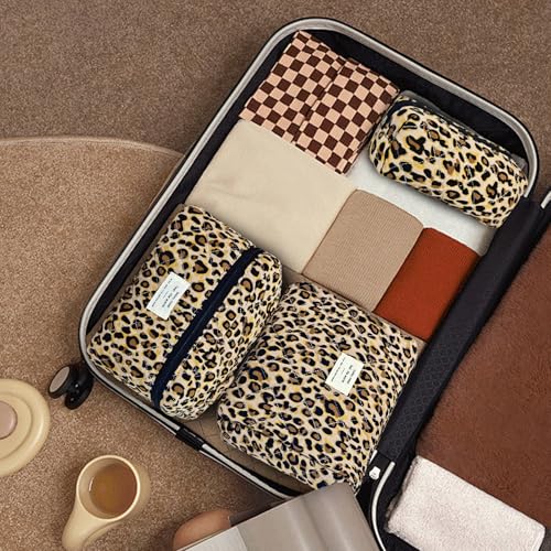 GISMTR 3Pcs Makeup Bag Cotton Quilted Travel Cosmetic Bag Cute Floral Makeup Pouch Large Toiletry Bag for Women Girls - color: Brown leopard print