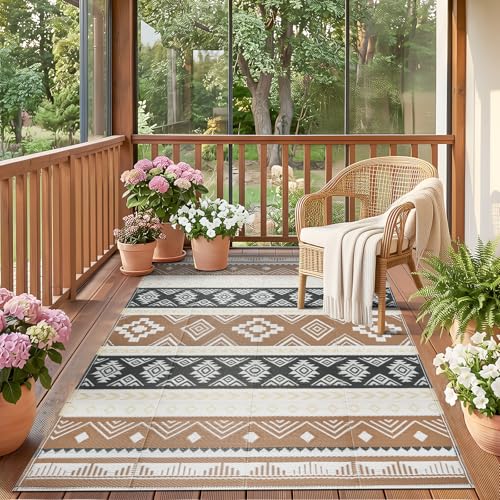 Outdoor Rug 5x8 ft Waterproof Reversible Plastic Straw Patio Camping Rug, Portable Indoor Outdoor RV Mat Carpet for Deck, Camper, Porch, Balcony, Backyard, Picnic, Brown - color: Brown, size: 5' x 8' (Rectangular)