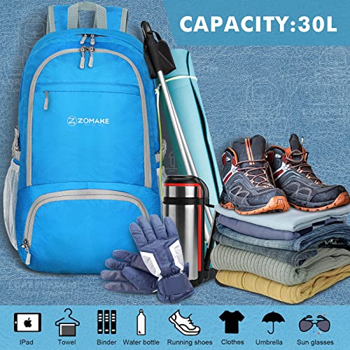ZOMAKE Lightweight Packable Backpack 30L, Foldable Hiking Backpacks Water Resistant Compact Folding Daypack for Travel(Light Blue) - color: Light Blue