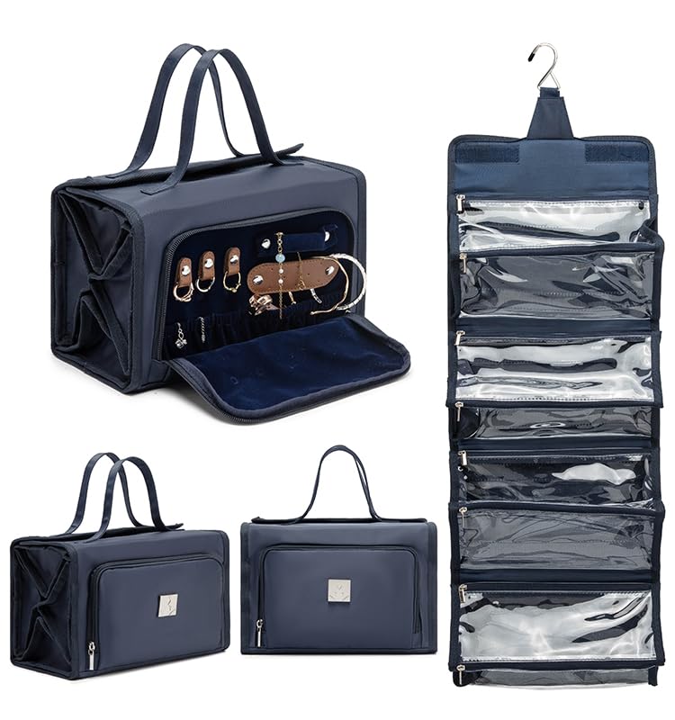 ROYALFAIR Roll Up Makeup Bag, Travel Toiletry Bag for Women with 4 Clear TSA Approved Pouches, Hanging Travel Organizer, Folding Cosmetic Bag for Men and Women (navy blue) - color: navy blue