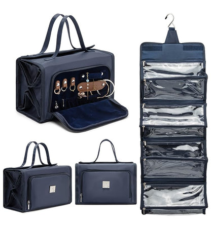 ROYALFAIR Roll Up Makeup Bag, Travel Toiletry Bag for Women with 4 Clear TSA Approved Pouches, Hanging Travel Organizer, Folding Cosmetic Bag for Men and Women (navy blue) - color: navy blue