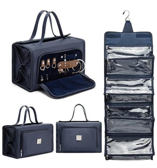 ROYALFAIR Roll Up Makeup Bag, Travel Toiletry Bag for Women with 4 Clear TSA Approved Pouches, Hanging Travel Organizer, Folding Cosmetic Bag for Men and Women (navy blue) - color: navy blue