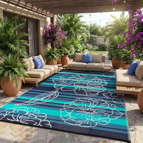 Garvee 6x9 Outdoor Waterproof Rug, Floral Outdoor Area Rug，Reversible Plastic Straw Patio Rug, Portable Camping Mat for RV, Picnic, Beach, Balcony, Garden & Camping Black&Blue - color: Blackblue, size: 6' x 9' (Rectangular)