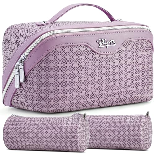 BOYATU Travel Makeup Bag for Women: Four Leaf Clover Large Capacity 3 Pcs Set Cosmetic Bags - Waterproof 50% Extra Space for Toiletry Organizer - Travel Essentials for Fortunate (02 Purple) - color: 02 Purple