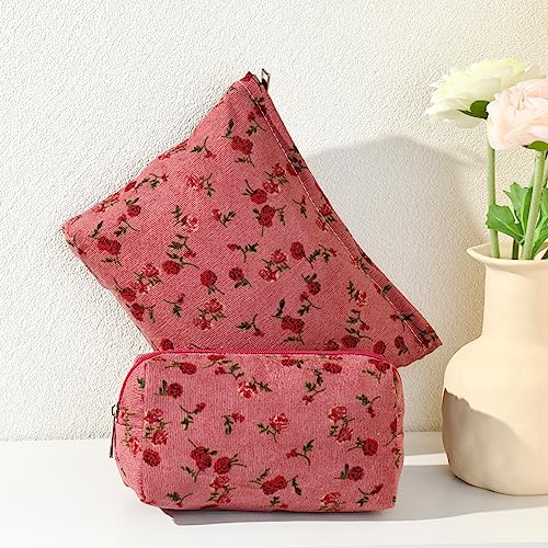 SOIDRAM 2 Pieces Rose Makeup Bag Large Cosmetic Bag Capacity Canvas Mix Travel Toiletry Bag Organizer Cute Makeup Brushes Aesthetic Accessories Storage Bag for Women, Rose Mix Green Red - color: Red Rose