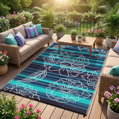 Garvee 5x8 Outdoor Waterproof Rug, Floral Outdoor Area Rug，Reversible Plastic Straw Patio Rug, Portable Camping Mat for RV, Picnic, Beach, Balcony, Garden & Camping Black&Blue - color: Blackblue, size: 5' x 8' (Rectangular)