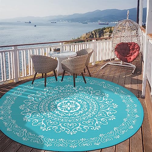 Pauwer Waterproof Outdoor Rug 6ft, Reversible Plastic Straw Patio Camping Rug, Indoor Outdoor RV Mat Carpet for Deck, Camper, Porch, Balcony, Backyard, Picnic, Floral Teal - color: Floral Teal, size: 6' (Round)
