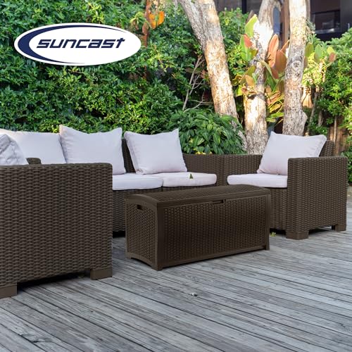 Suncast Outdoor Storage Box - 73 Gallon Mocha Brown Deck Box for Patio, weather-resistant Outdoor Storage Bench, Resin Wicker Style, Heavy-Duty, Lockable Lid for Cushions, Shoes, Pool & Garden Gear - style: Deck Box