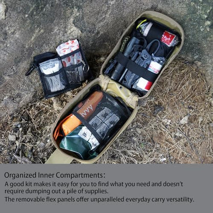 [Upgrade] Survival First Aid Kit Outdoor Molle System with Tactical Gear Set Trauma Kit for Camper Travel Hunting Hiking and Adventures - color: Tan
