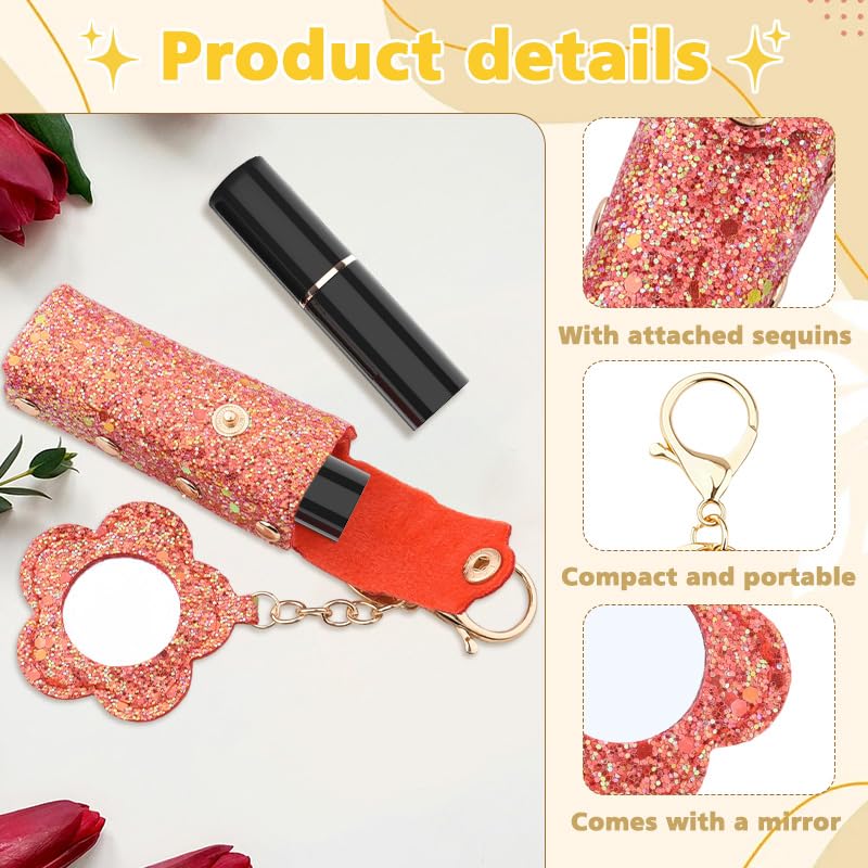 Sisadodo Glitter Lip Oil Holder Key Chains for Woman Lipstick Case with Mirror Lip Balm Keychain for Lipstick Case Keychain - color: Red-flower
