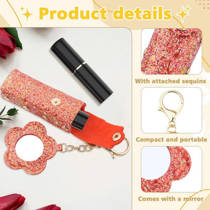 Sisadodo Glitter Lip Oil Holder Key Chains for Woman Lipstick Case with Mirror Lip Balm Keychain for Lipstick Case Keychain - color: Red-flower