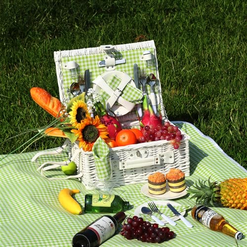 Picnic Basket Set for 4 with Waterproof Blanket Mat Insulation Bag Wicker White Green Plaid Classic Fresh Gift for Christmas Thanksgiving Wedding Birthday Camp Outdoor Beach Travel - color: Green Plaid