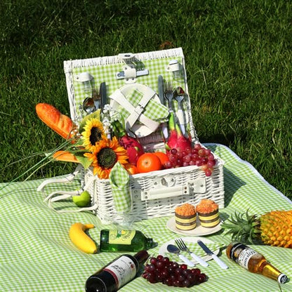 Picnic Basket Set for 4 with Waterproof Blanket Mat Insulation Bag Wicker White Green Plaid Classic Fresh Gift for Christmas Thanksgiving Wedding Birthday Camp Outdoor Beach Travel - color: Green Plaid