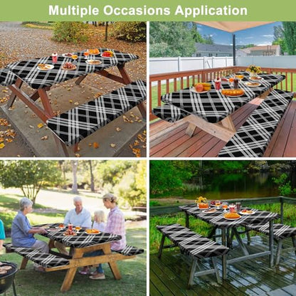 Picnic Table Cover with Bench Covers 6FT 3 Pcs Waterproof Windproof Aesthetic Camping Tablecloth with Drawstring Bag, Fitted for 6 Foot Rectangle Tables and Seats, 72 inch, Black Grey Checkered - color: Black Grey Checkered