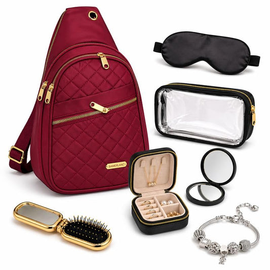 Travel Essentials Gift Set for Women – 7 Pc Travel Kit with Sling Bag, TSA Pouch, Jewelry Case & Sleep Mask - color: Burgundy