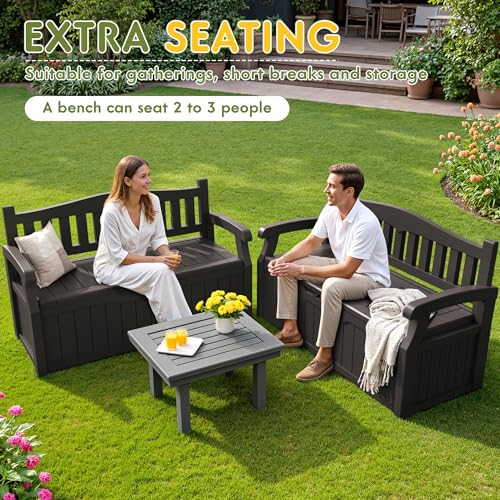 Greesum 80 Gallon Storage Bench Outdoor Deck Box with Armrest, Patio Furniture,Lockable, Waterproof and UV Resistant, Suitable for Garden, Pool, Brown - color: Brown, style: 80 Gallon