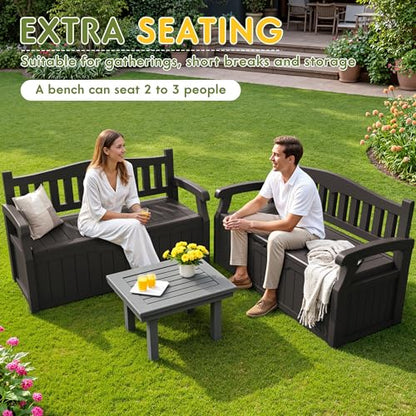 Greesum 80 Gallon Storage Bench Outdoor Deck Box with Armrest, Patio Furniture,Lockable, Waterproof and UV Resistant, Suitable for Garden, Pool, Brown - color: Brown, style: 80 Gallon
