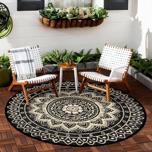 Round Outdoor Rugs for Patios, 5Ft Waterproof Reversible Plastic Straw Mat with Carry Bags, Boho Lightweight Outdoor Carpet Portable Round Floor Mat for Patio Camping Picnic Backyard RV,Black Camel - color: Black Camel, size: 5' (Round)