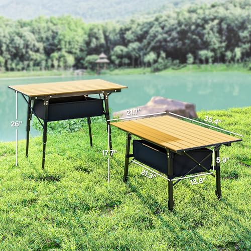 Outsunny 3ft Portable Camping Table with Storage Bag, Adjustable Height Aluminum Small Folding Table, Lightweight Picnic Table with Carry Bag for Outdoor Picnic BBQ Backyards Beach, Brown - color: Brown