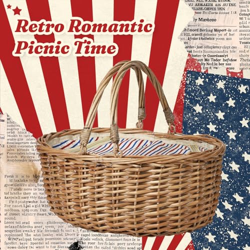 Wicker Picnic Basket with Insulated Lined Bag 15“ x 11” x 7“ Red, White,Blue Star Stripe Pattern, Iced Beer Insulated Bag for Camping, Picnics, Birthday Gifts, Wedding Gifts - color: Classic Red and Blue Stripes