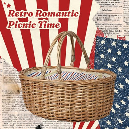 Wicker Picnic Basket with Insulated Lined Bag 15“ x 11” x 7“ Red, White,Blue Star Stripe Pattern, Iced Beer Insulated Bag for Camping, Picnics, Birthday Gifts, Wedding Gifts - color: Classic Red and Blue Stripes