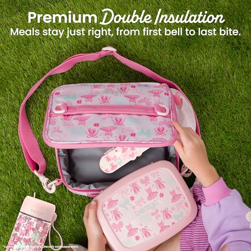 Bentgo Kids Prints Lunch Bag - Double-Insulated, Reusable, for Kids 3+, Adjustable Strap; Holds Lunch Box/Water Bottle/Snacks; Easy-Clean, Water-Resistant, Pockets (NEW Ballet & Bows) - color: Ballet & Bows