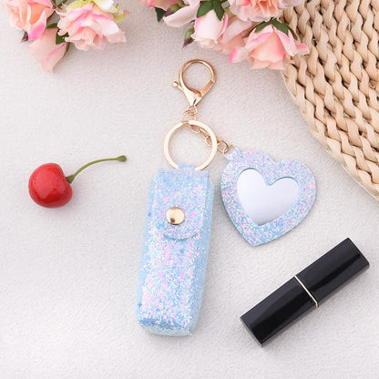 Sisadodo Glitter Lip Oil Holder Key Chains for Woman Lipstick Case with Mirror Lip Balm Keychain for Lipstick Case Keychain - color: Blue-heart