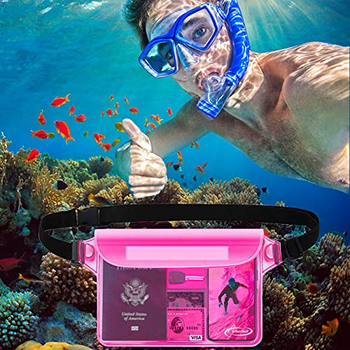 AiRunTech Waterproof Pouch with Waist Strap (2 Pack) | Beach Accessories Best Way to Keep Your Phone and Valuables Safe and Dry | Perfect for Boating Swimming Snorkeling Kayaking Beach Pool Water Park - color: Clear + Pink
