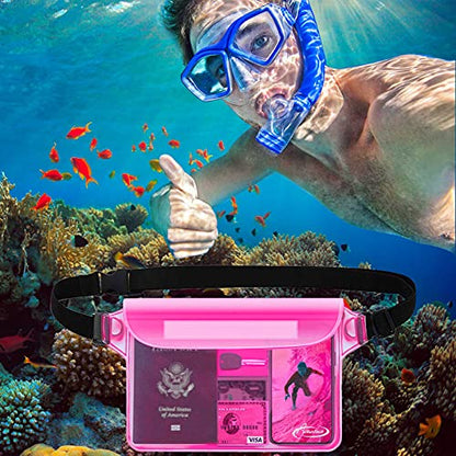AiRunTech Waterproof Pouch with Waist Strap (2 Pack) | Beach Accessories Best Way to Keep Your Phone and Valuables Safe and Dry | Perfect for Boating Swimming Snorkeling Kayaking Beach Pool Water Park - color: Clear + Pink