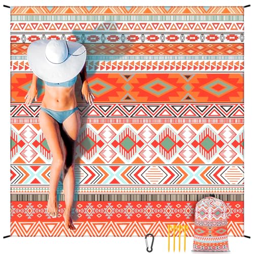 HIHOHO Beach Blanket Waterproof Sandproof Extra Large Beach Mat 79" X 83"/120"x108"for 1-8 Adults Quick Drying Durable Outdoor Picnic Mat for Beach Travel Camping Hiking - color: Bohemian Orange, size: 79" X 83"（1~3 person）