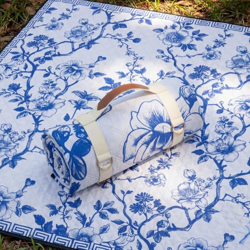Newwiee 80 x 80 Inch Blue and White Floral Picnic Blanket Extra Large Outdoor Chinoiserie Picnic Mat with Carry Strap Waterproof Sandproof Blanket Foldable Portable for Beach Camping Grass Lawn Park - color: Blue