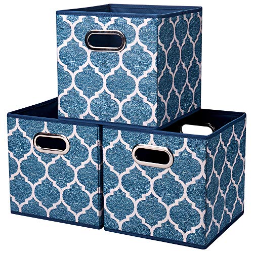 Folding Cube Storage Bins 10.5x10.5 x 11 In Navy Blue Collapsible Cloth Storage Cube Boxes Fabic Cube Baskets Storage Inserts Drawer Organizer Closet ,QY-SC09-3 - color: Cream Navy Blue(Set of 3)