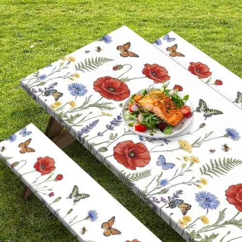 Picnic Table Cover with Bench Covers Elastic Edges, Wildflower Camper Fitted Table Cover, Outdoor Camping Essentials 72 Inch 3PCS, Waterproof Camping Fitted Tablecloth with Drawstring Bag - color: Wildflower, size: 72in