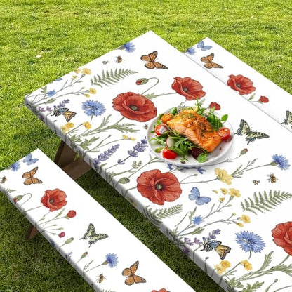 Picnic Table Cover with Bench Covers Elastic Edges, Wildflower Camper Fitted Table Cover, Outdoor Camping Essentials 72 Inch 3PCS, Waterproof Camping Fitted Tablecloth with Drawstring Bag - color: Wildflower, size: 72in