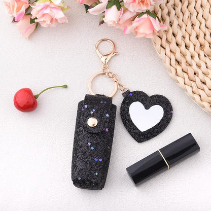 Sisadodo Glitter Lip Oil Holder Key Chains for Woman Lipstick Case with Mirror Lip Balm Keychain for Lipstick Case Keychain - color: Black-heart