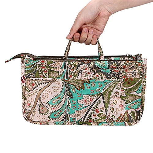 BTSKY New Printing Handbag Organizers Inside Purse Insert-High Capacity 13 Pockets Bag Tote Organizer with Handle Peacock Flower - color: Green+Brown