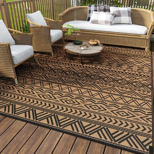 MontVoo Outdoor Rug 8x10 Waterproof Outdoor Patio Rug Mat Reverisble Plastic Straw Outdoor Rug for RV Camping Picnic Beach Balcony Boho Black Brown - color: Black Brown, size: 8' X 10' (Rectangular)