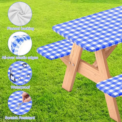 3 Pcs Set Fitted Picnic Table Cover with Bench Covers Vinyl Camping Picnic Table Cloth Flannel Backing for 6ft Tables Camping Outdoor (Blue Checked, 30 x 72 Inches) - color: Blue and White Plaid