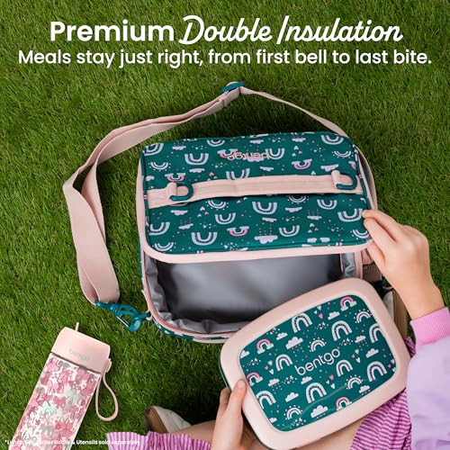 Bentgo Kids Lunch Bag - Durable, Double-Insulated Lunch Bag for Kids 3+; Holds Lunch Box, Water Bottle, & Snacks; Easy-Clean Water-Resistant Fabric & Multiple Zippered Pockets (Green Rainbow) - color: Green Rainbow