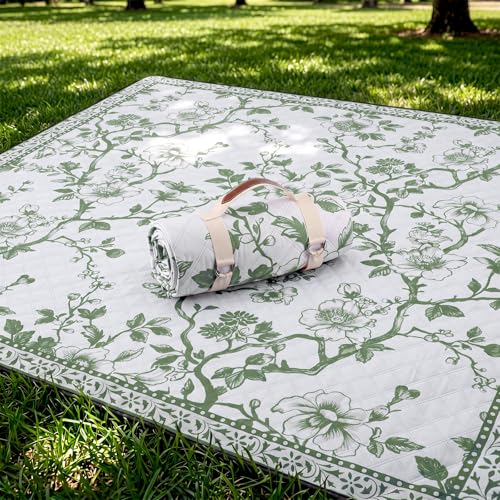 Newwiee 80 x 80 Inch Green Floral Picnic Blanket Extra Large Outdoor Chinoiserie Picnic Mat with Carry Strap Waterproof Sandproof Blanket Foldable Portable for Beach Camping Grass Lawn Park - color: Green