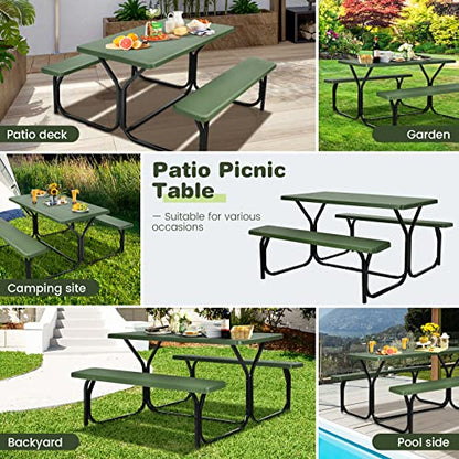 COSTWAY Outdoor Picnic Table, HDPE Plastic Picnic Table Bench Set with Weather Resistant Tabletop & Wood Texture, Ideal for Patio, Backyard (59" D x 54" W x 28.5" H,Green) - color: Green